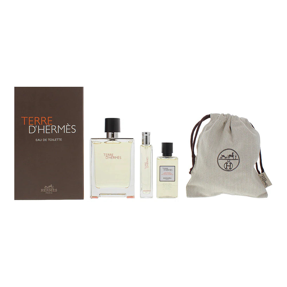 Hermes Terre d'Hermes 100ml EDT + 40ml Gel Doccia + 15ml EDT + Pochette Set Regalo Uomo