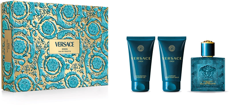 VERSACE Eros 50ml EDT + 50ml Balsamo Dopobarba + 50ml Gel Doccia per Uomo Set Regalo