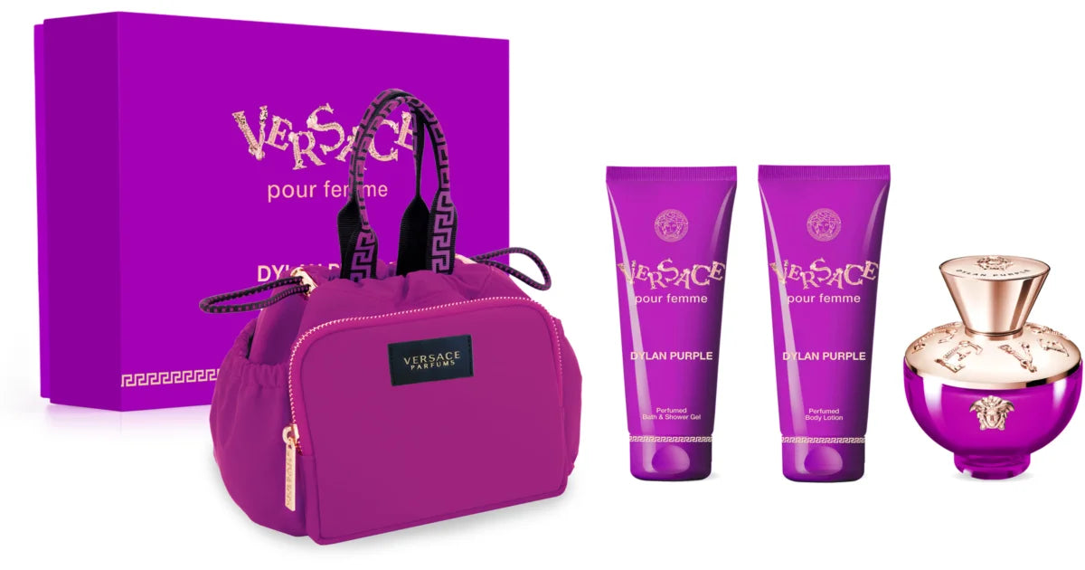 Versace Dylan Purple 100ml EDP + 100ml Duschgel + 100ml Körperlotion + Tasche für Damen Geschenkset