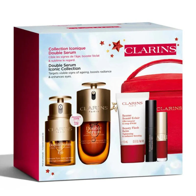 Estuche de regalo Clarins Double Serum Eye 20 ml + Double Serum 30 ml + Beauty Flash Balm 15 ml + Máscara de pestañas + Barra de labios