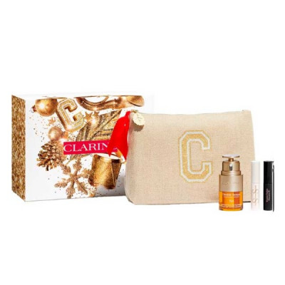 Estuche de regalo Clarins: Sérum doble para ojos (20 ml), sérum para pestañas (3 ml), máscara de pestañas (3 ml) y neceser.