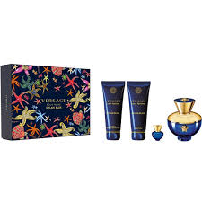 Versace Dylan Blue Femme 100ml EDP + 5ml Mini EDP + 100ml Duschgel + 100ml Körperlotion für Damen Geschenkset